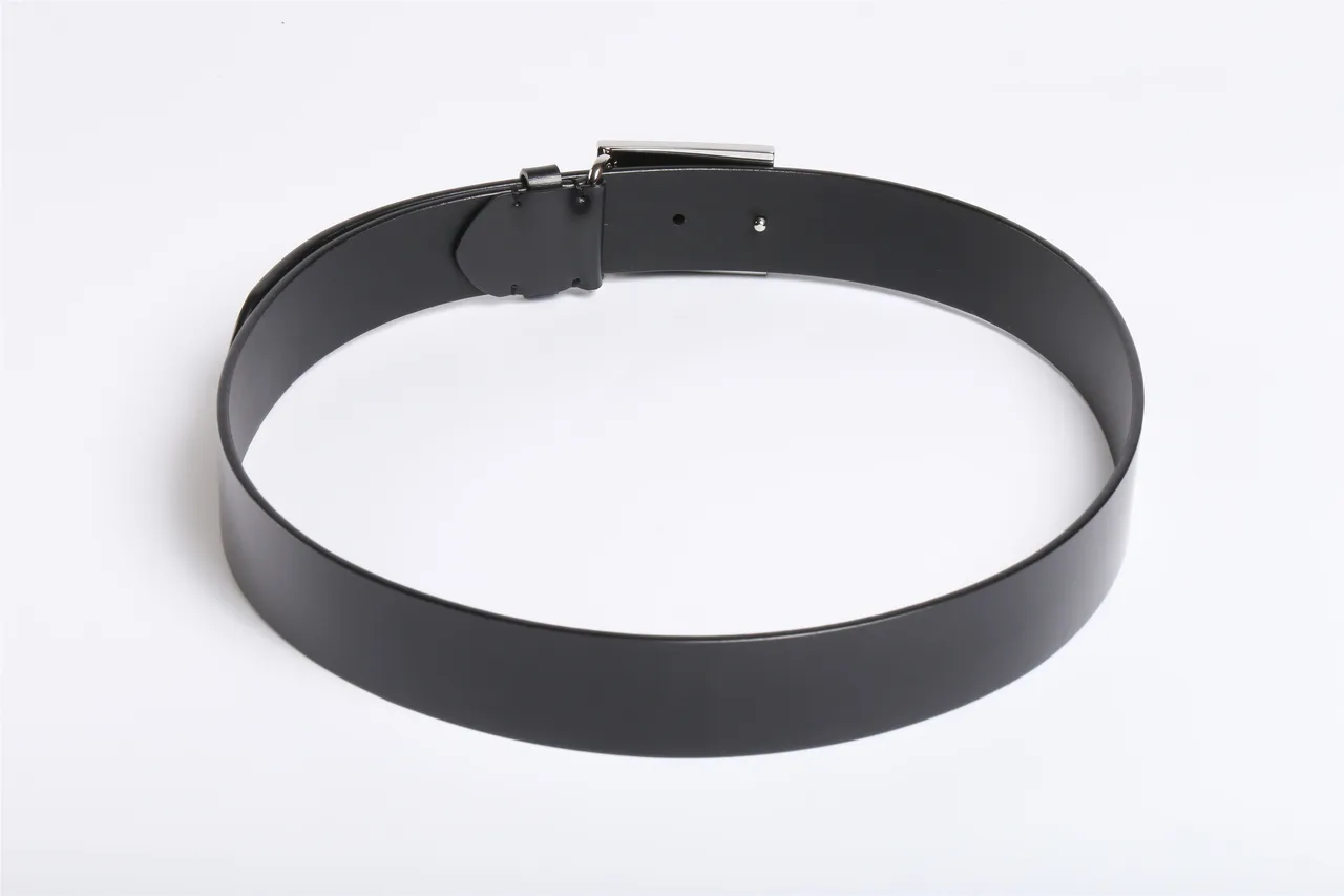 Black Silver Rectangular Engraved Metal Buckle Smooth Strap Leather Belt 6