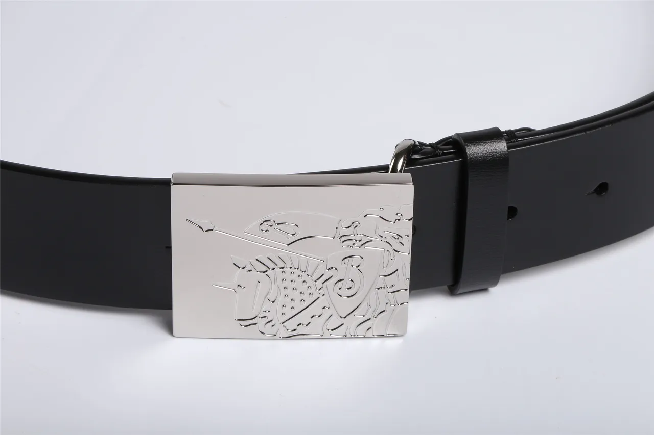 Black Silver Rectangular Engraved Metal Buckle Smooth Strap Leather Belt 7
