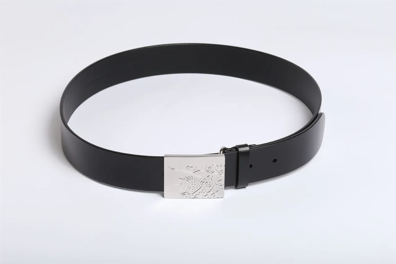 Black Silver Rectangular Engraved Metal Buckle Smooth Strap Leather Belt 8