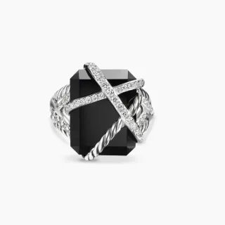 Black Silver Twisted Rope Band Crossed Pavé Bars Ring