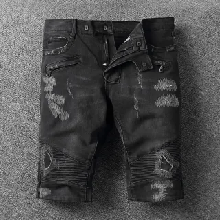Black White Distressed Zippered Pockets Shorts