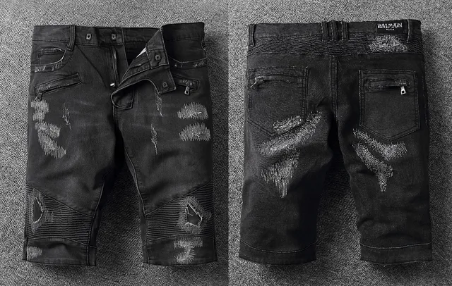 Black White Distressed Zippered Pockets Shorts 2
