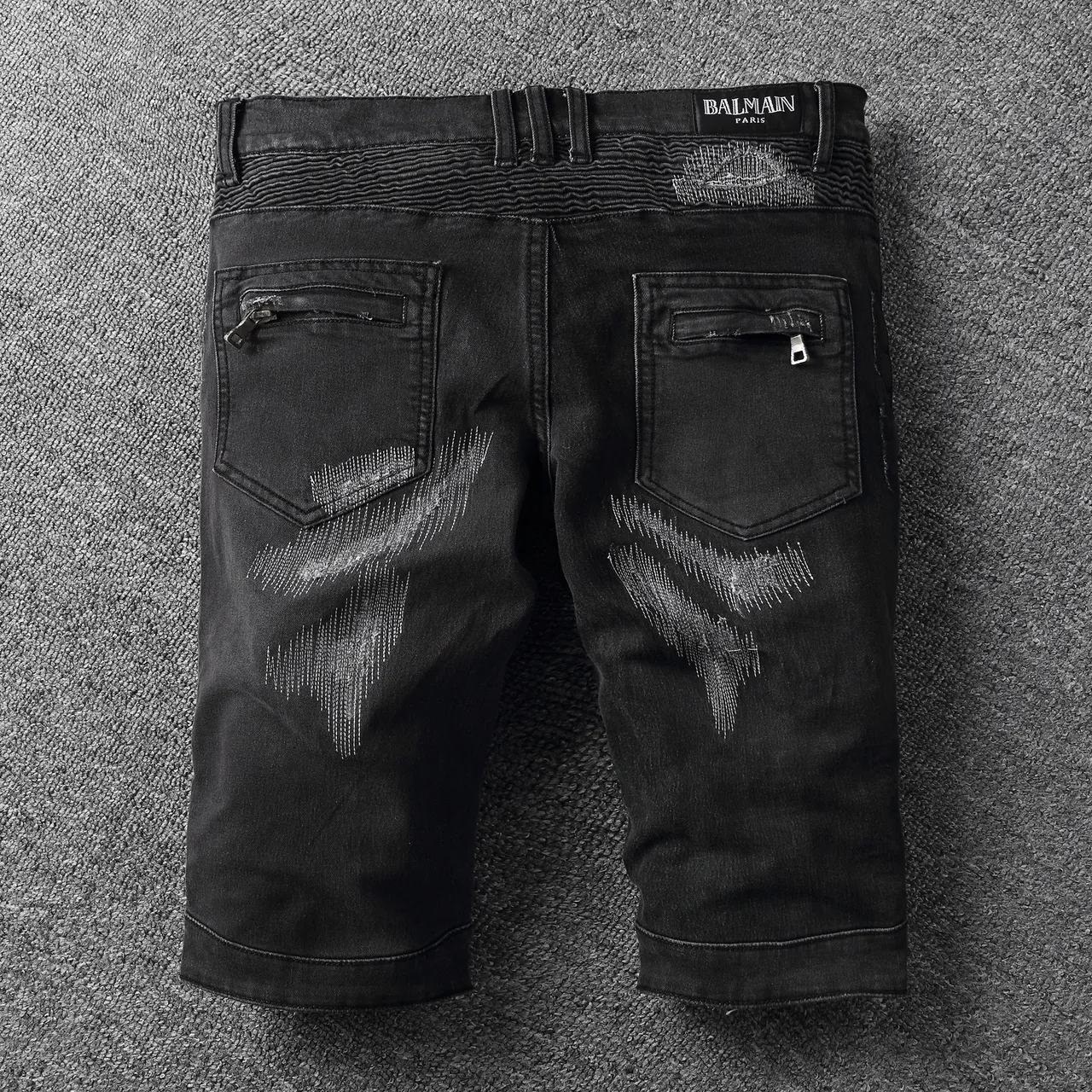 Black White Distressed Zippered Pockets Shorts 14