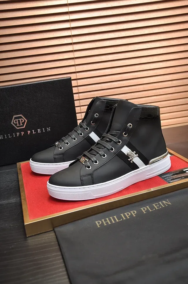 Black White High-Top Crocodile-Textured Collar Sneakers 7