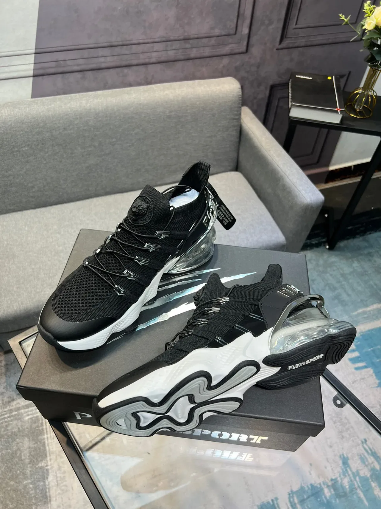 Black White Knit Upper Transparent Heel Air Unit Chunky Sneakers 3