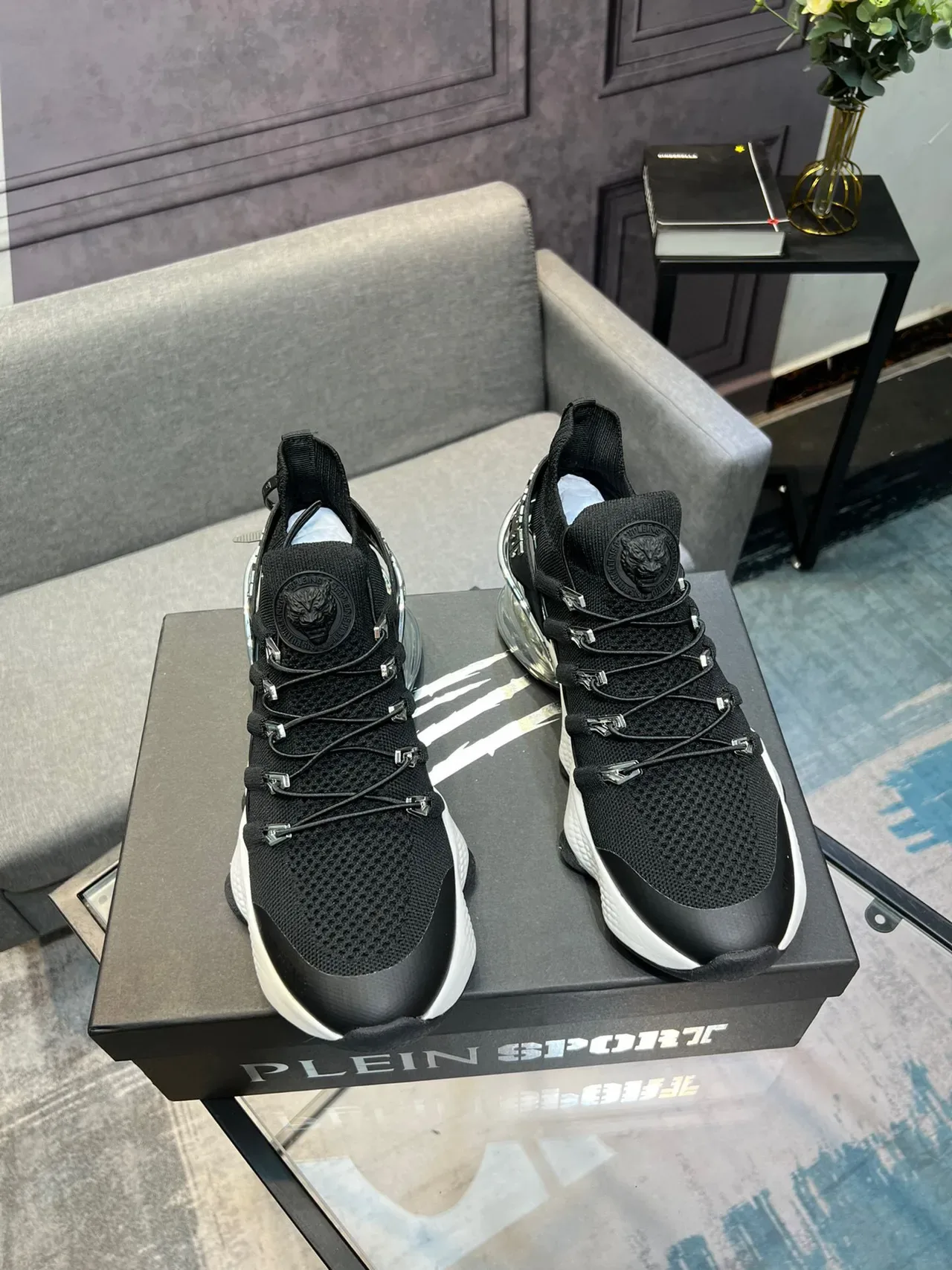 Black White Knit Upper Transparent Heel Air Unit Chunky Sneakers 4