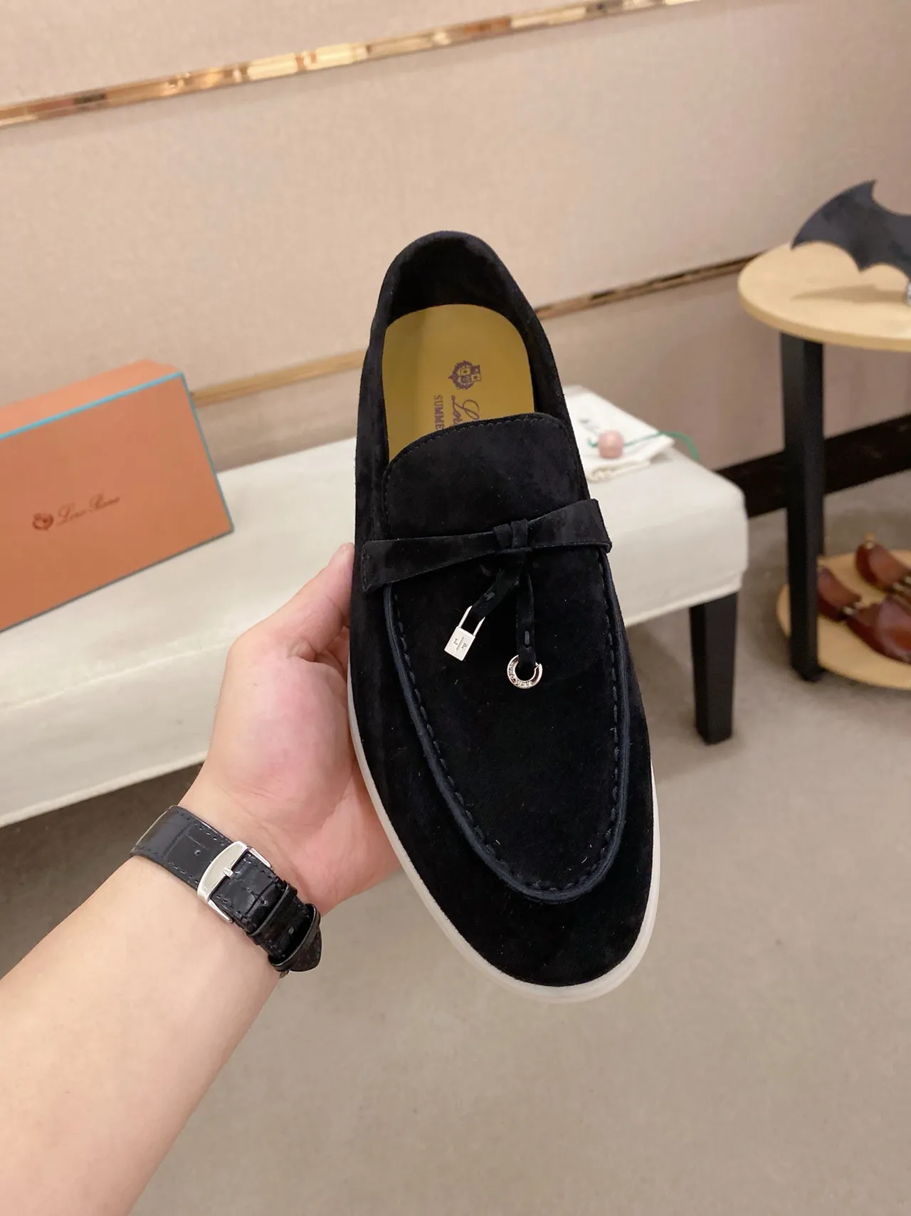 Black White Suede Strap Closure Loafer 6