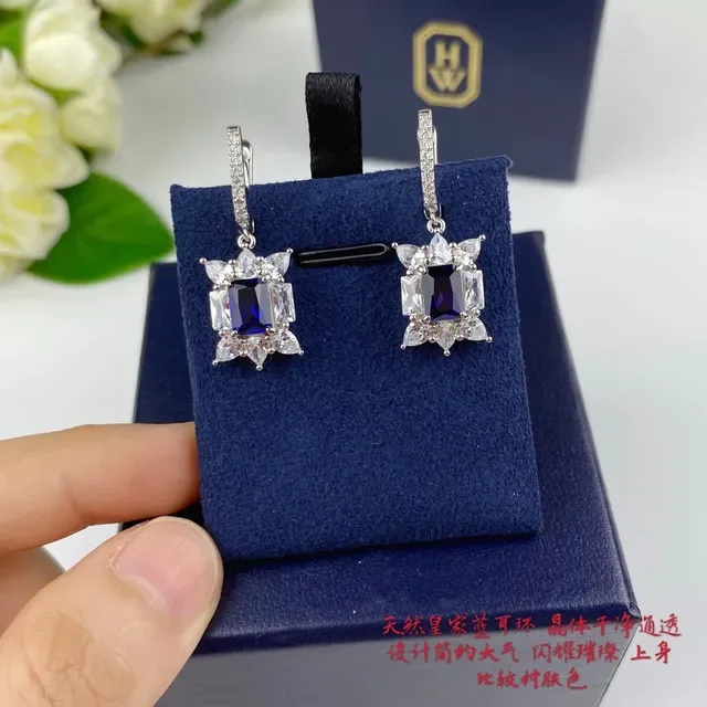 Blue and Clear Stone Dangling Lever-Back Earrings 9