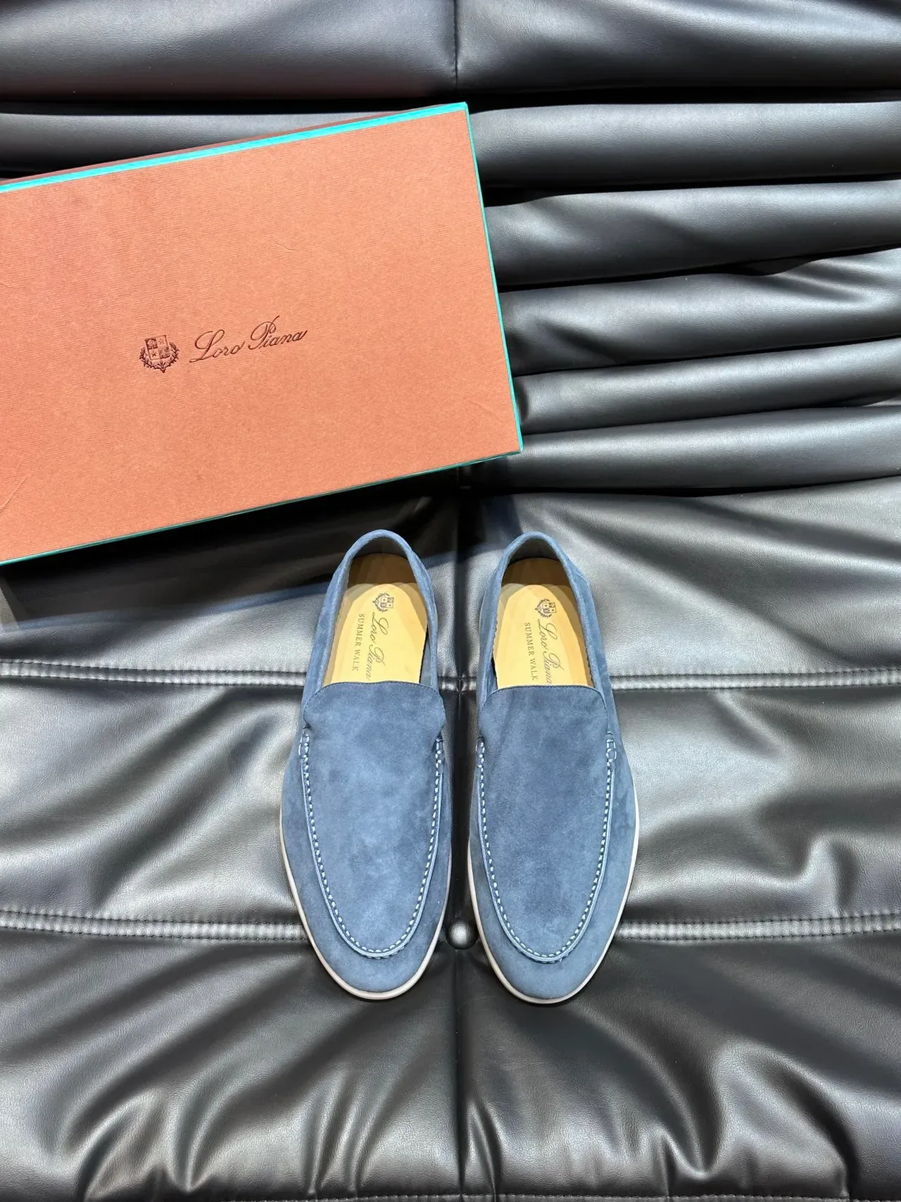 Blue Beige Suede Upper Moc-Toe Stitching Loafer 2