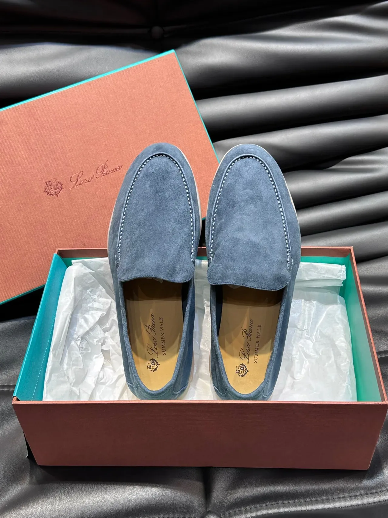 Blue Beige Suede Upper Moc-Toe Stitching Loafer 4