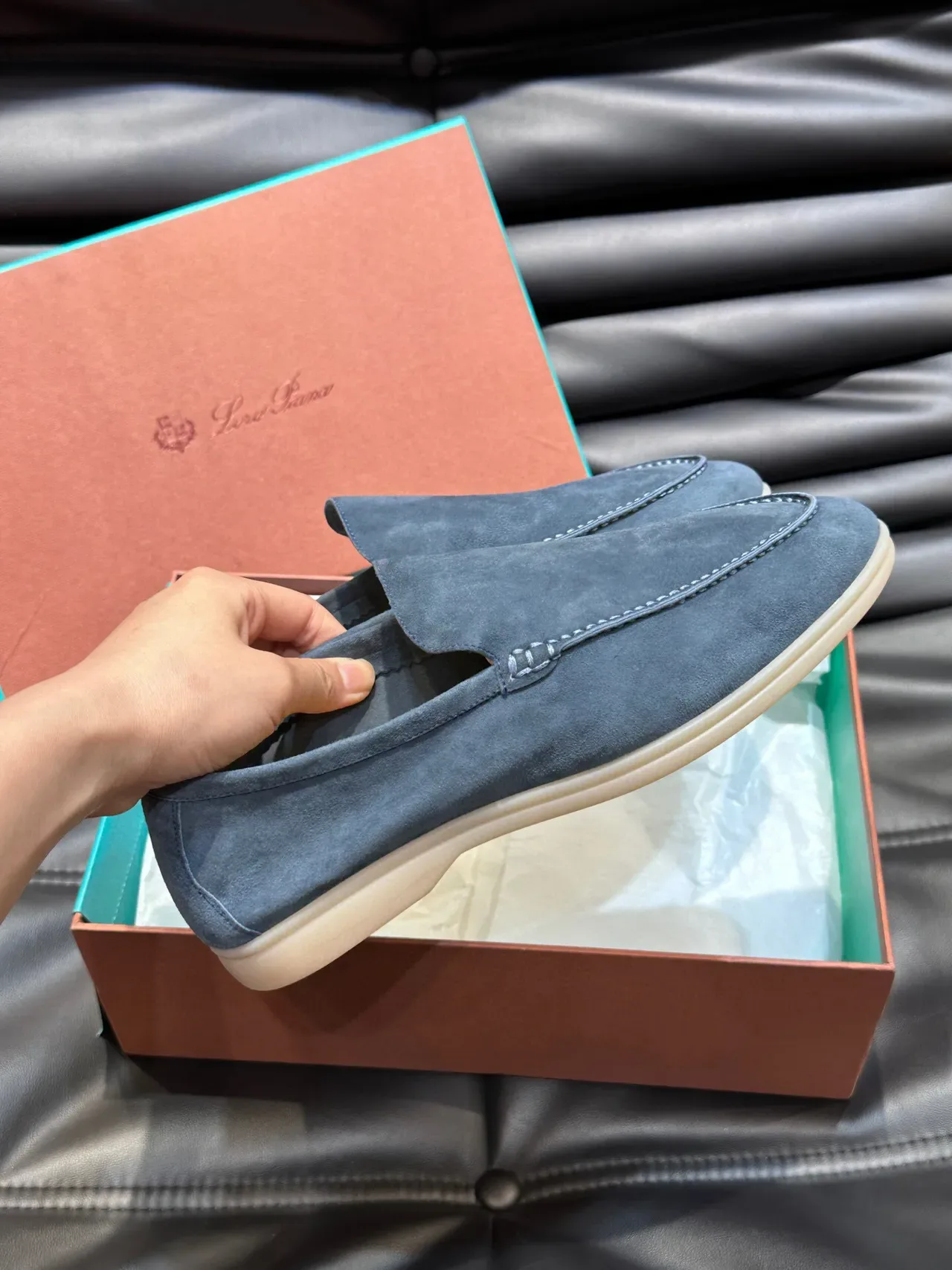 Blue Beige Suede Upper Moc-Toe Stitching Loafer 5