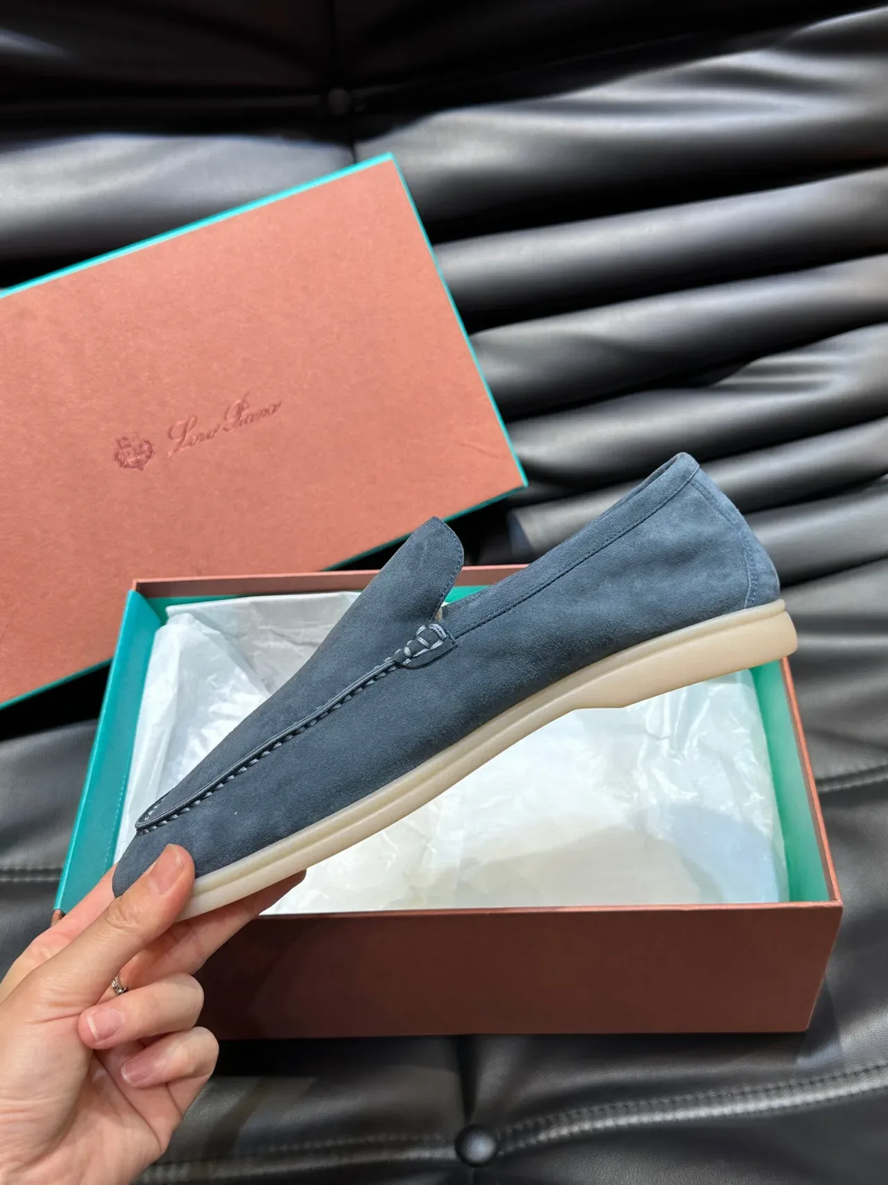 Blue Beige Suede Upper Moc-Toe Stitching Loafer 6