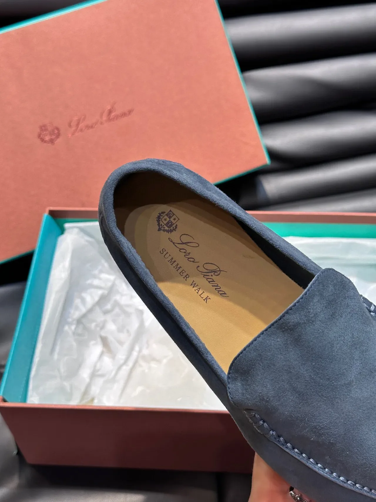 Blue Beige Suede Upper Moc-Toe Stitching Loafer 8