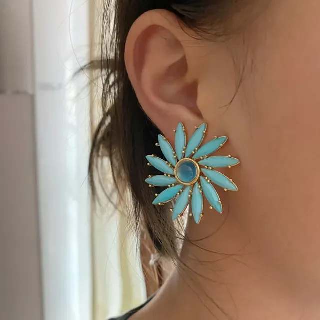 Blue Gold Flower-Shaped Marquise-Cut Stone Petals Earrings 2