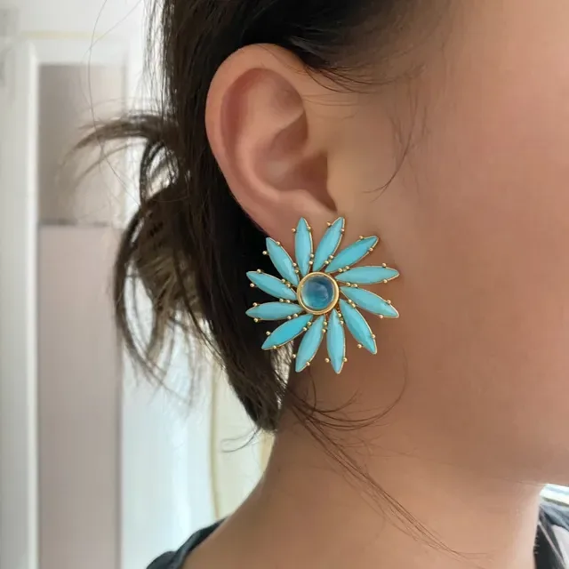 Blue Gold Flower-Shaped Marquise-Cut Stone Petals Earrings 3