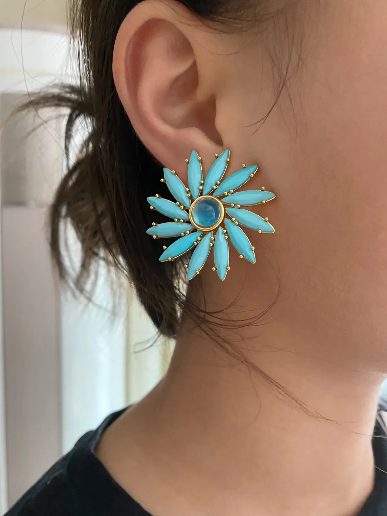 Blue Gold Flower-Shaped Marquise-Cut Stone Petals Earrings 4