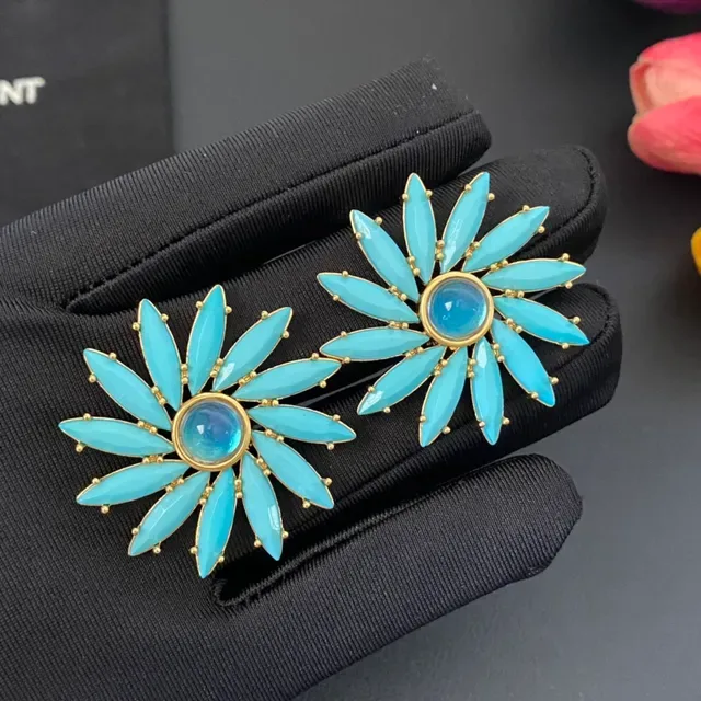 Blue Gold Flower-Shaped Marquise-Cut Stone Petals Earrings 7