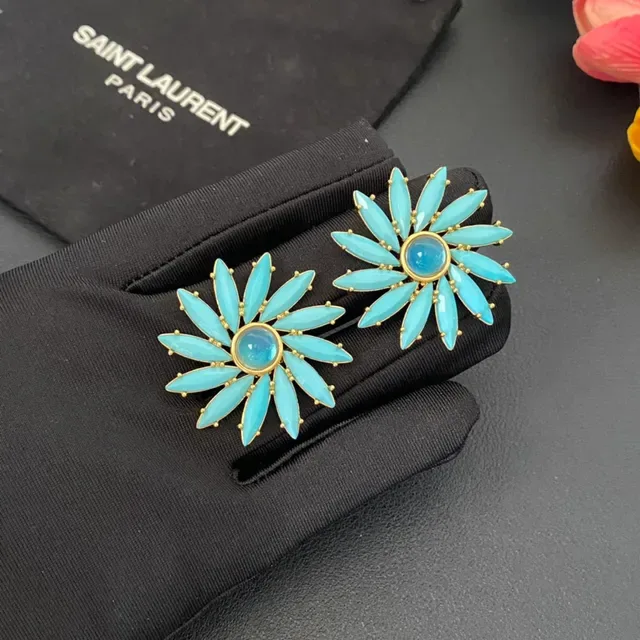 Blue Gold Flower-Shaped Marquise-Cut Stone Petals Earrings 8