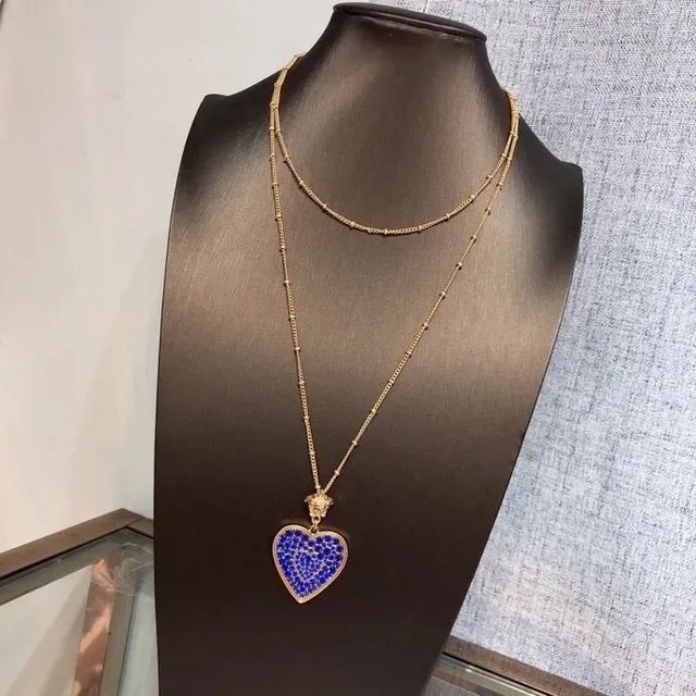 Blue Gold Heart-Shaped Pavé-Set Stones Necklace 6