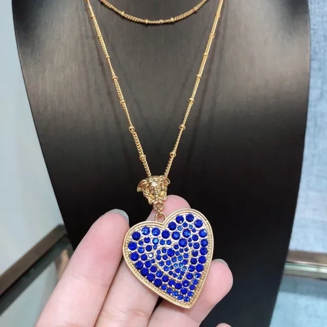 Blue Gold Heart-Shaped Pavé-Set Stones Necklace 9