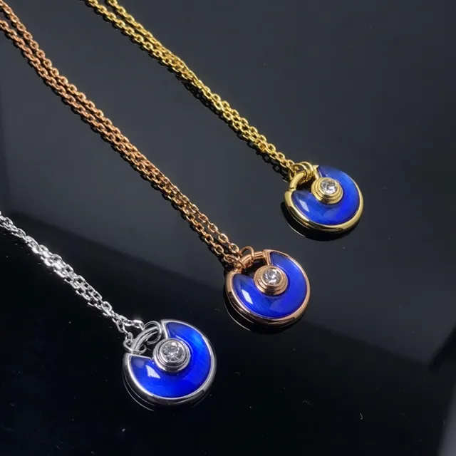 Blue Gold Semi-Circular Enamel Pendant Central Faceted Stone Necklace 2
