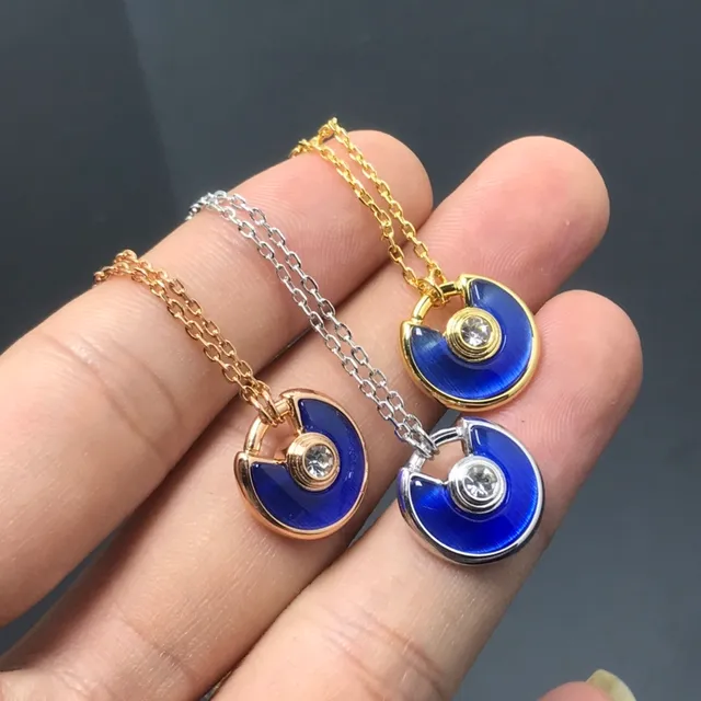 Blue Gold Semi-Circular Enamel Pendant Central Faceted Stone Necklace 3