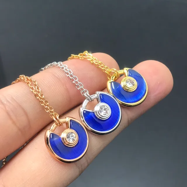 Blue Gold Semi-Circular Enamel Pendant Central Faceted Stone Necklace 4