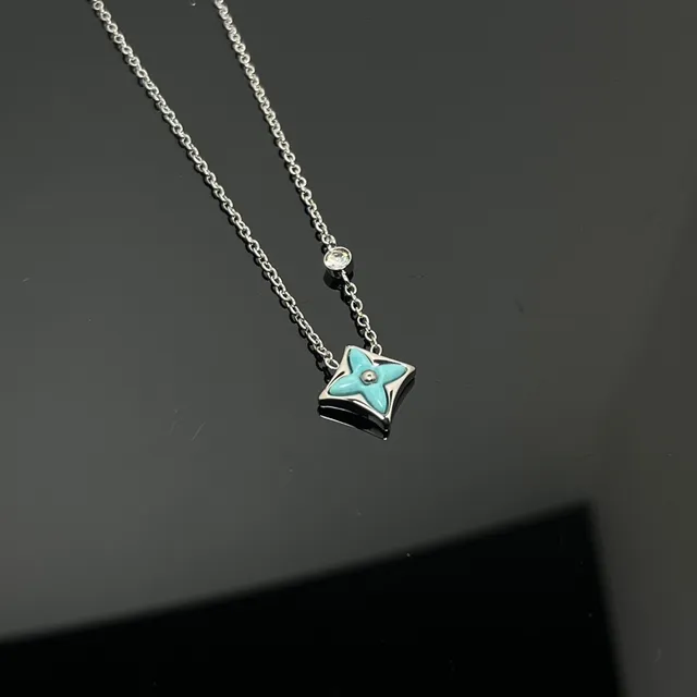 Blue Gold Square Enamel Flower Pendant Single Crystal Accent Above Necklace 2