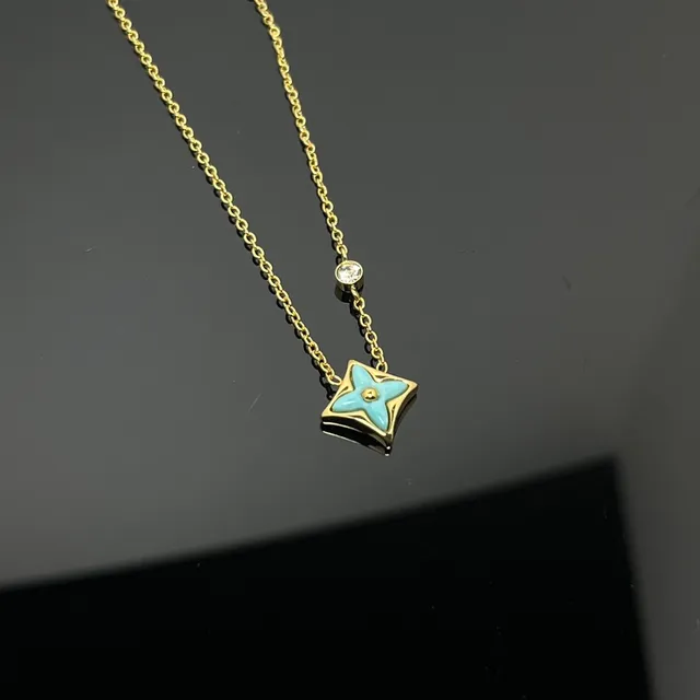 Blue Gold Square Enamel Flower Pendant Single Crystal Accent Above Necklace 3