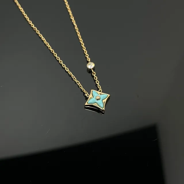 Blue Gold Square Enamel Flower Pendant Single Crystal Accent Above Necklace 4