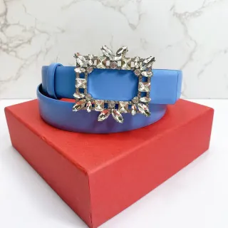 Blue Silver Crystal-Embellished Buckle Rectangular Frame Design Leather Belt