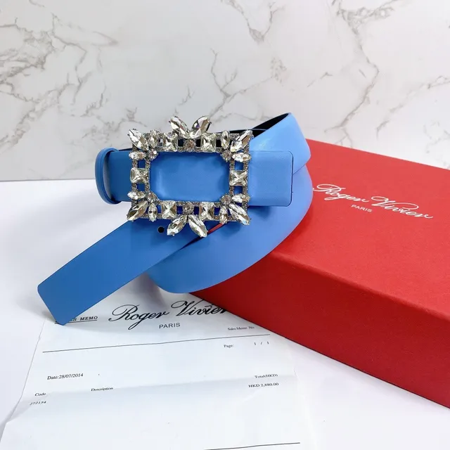 Blue Silver Crystal-Embellished Buckle Rectangular Frame Design Leather Belt 2