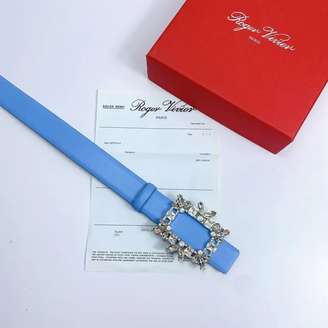 Blue Silver Crystal-Embellished Buckle Rectangular Frame Design Leather Belt 4