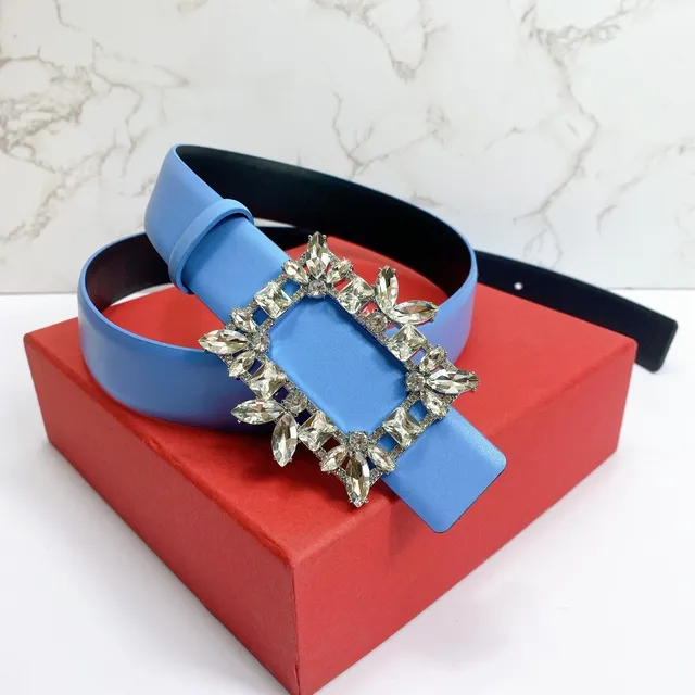 Blue Silver Crystal-Embellished Buckle Rectangular Frame Design Leather Belt 5