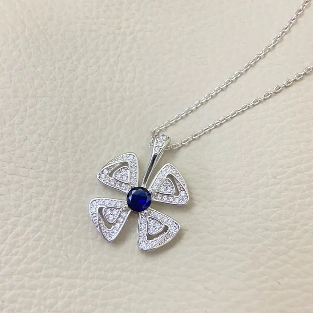 Blue Silver Four-Petal Clover-Shaped Pavé-Set Clear Stones Necklace 2