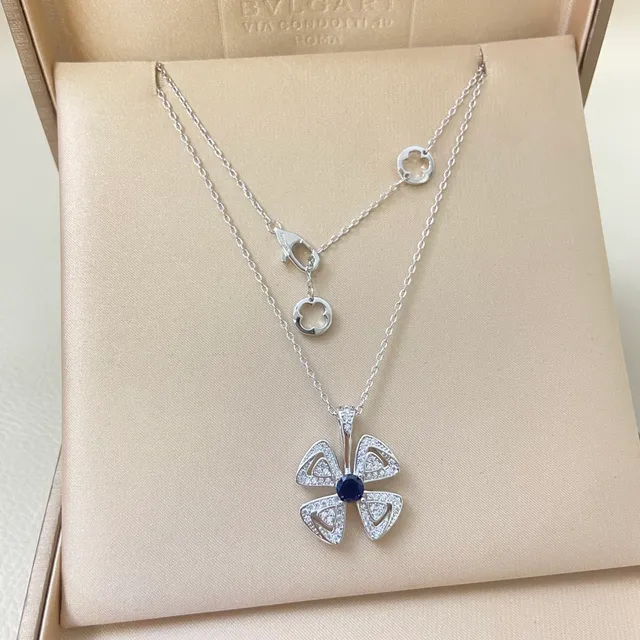 Blue Silver Four-Petal Clover-Shaped Pavé-Set Clear Stones Necklace 5