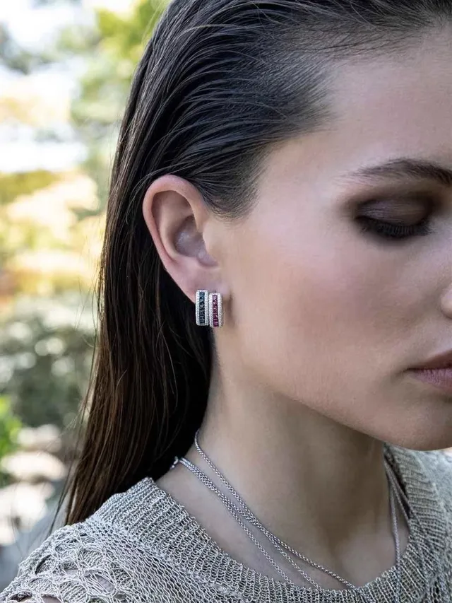 Blue Silver Hoop Pavé-Set Earrings 2