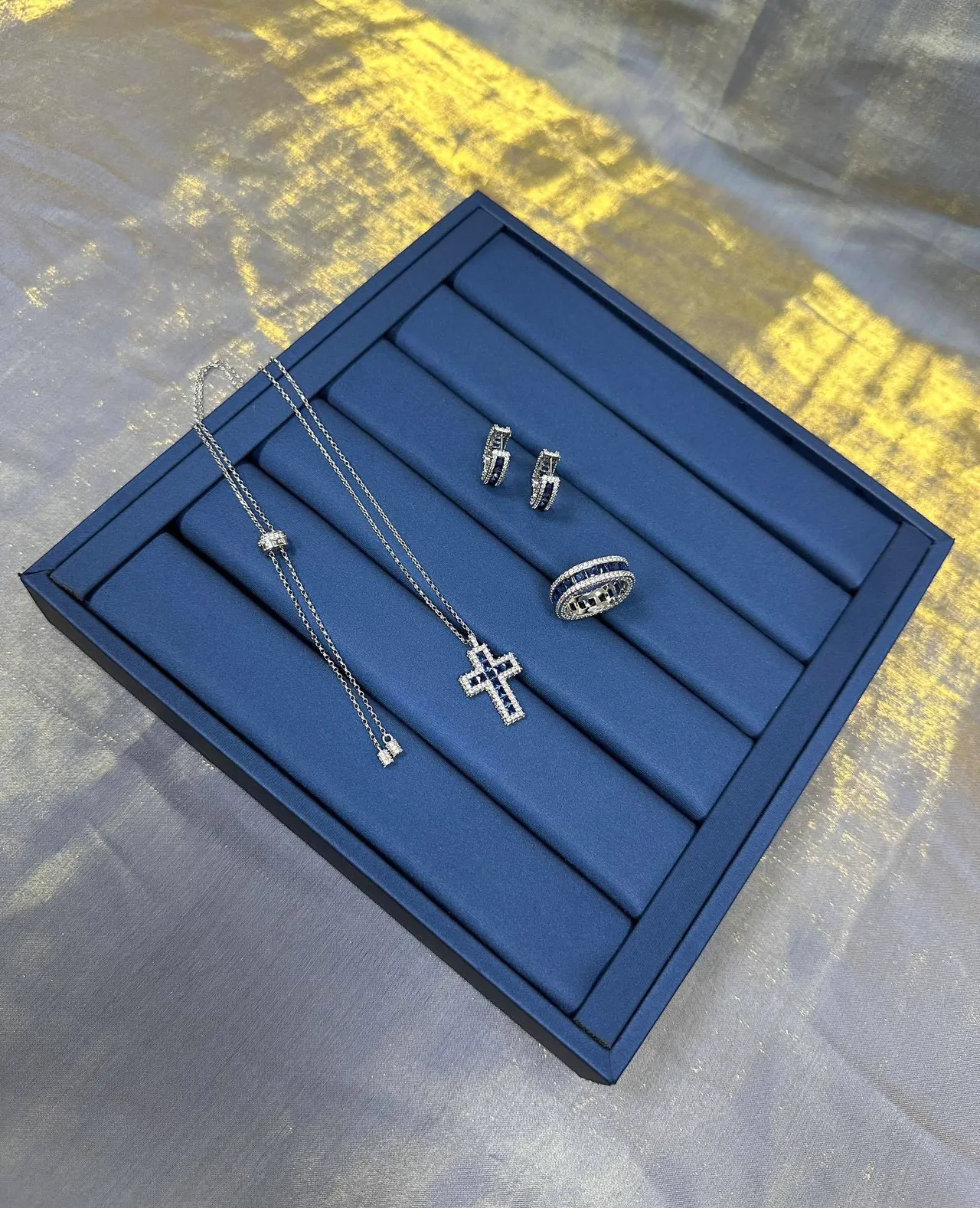 Blue Silver Hoop Pavé-Set Earrings 7