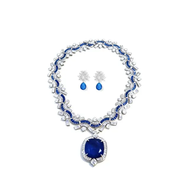 Blue White Wavy Channel-Set Sapphire Bands Baguette And Round Diamond Accents Necklace 2