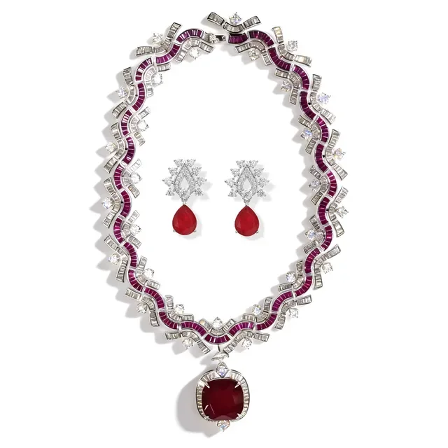 Blue White Wavy Channel-Set Sapphire Bands Baguette And Round Diamond Accents Necklace 3