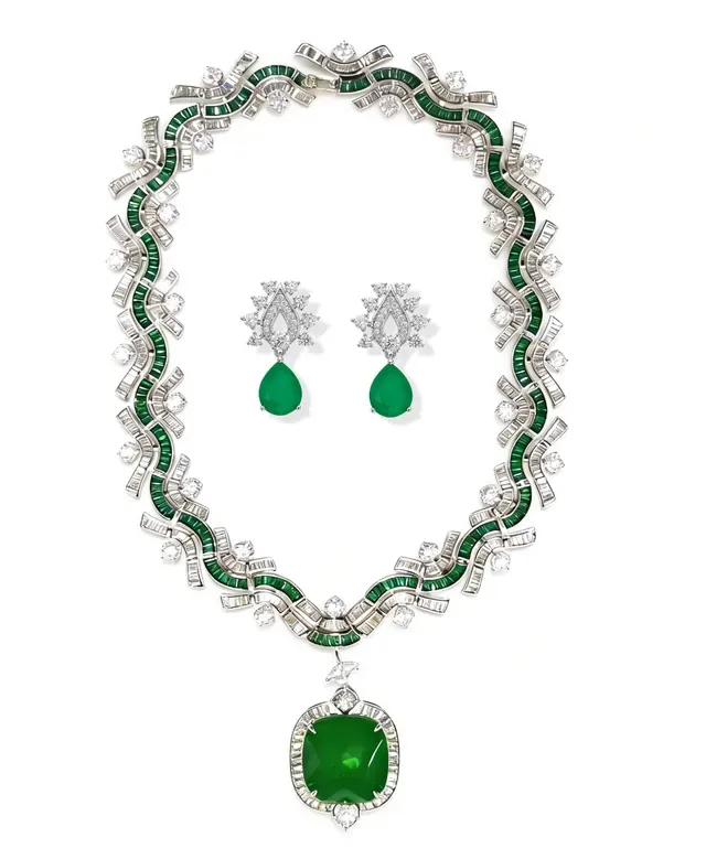Blue White Wavy Channel-Set Sapphire Bands Baguette And Round Diamond Accents Necklace 4