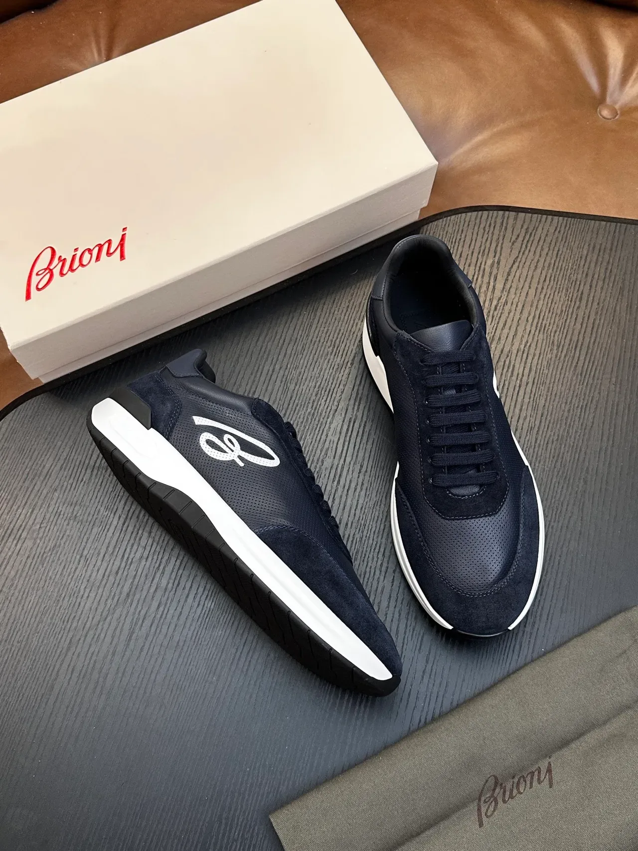 Brioni Navy Suede and Leather Lifestyle Sneaker 4
