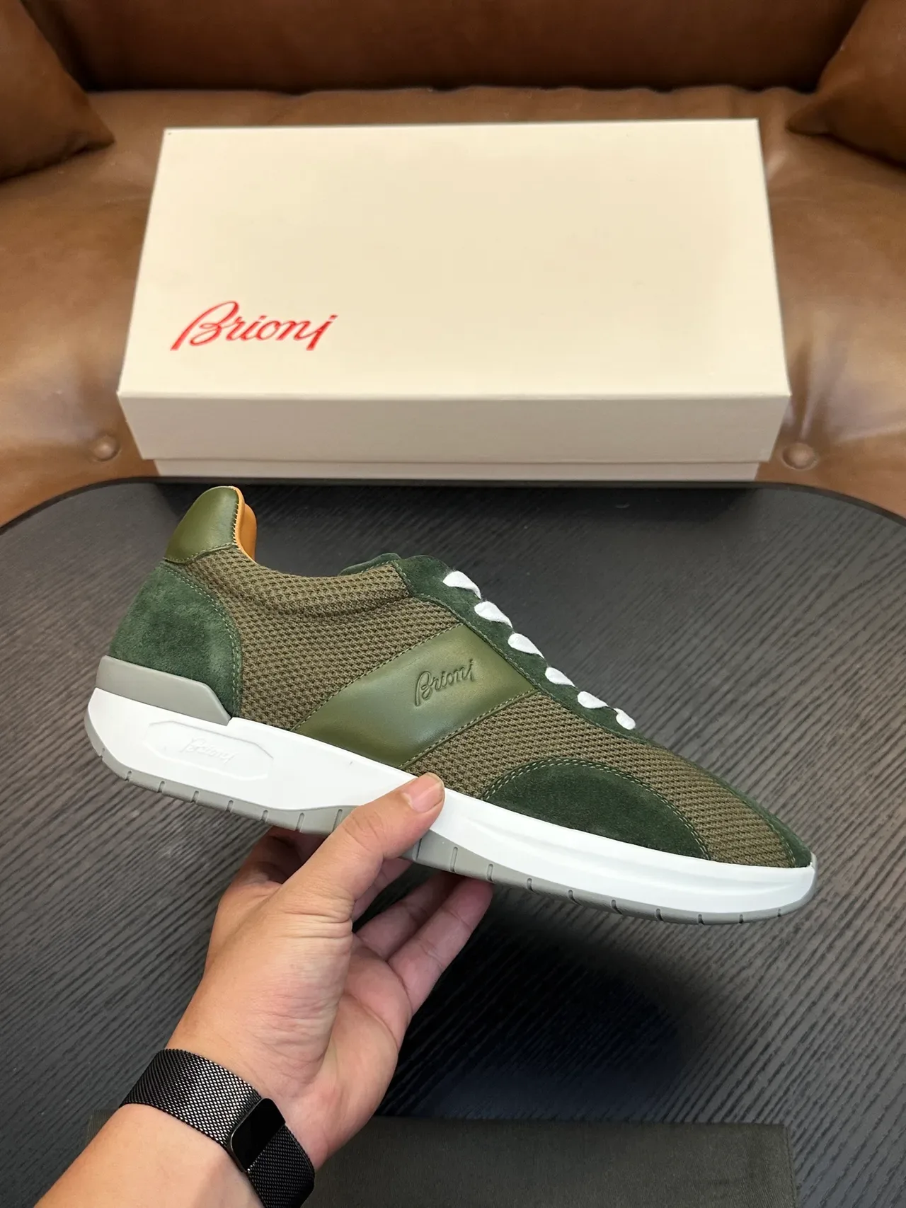 Brioni Olive Green Suede and Mesh Lifestyle Sneaker 2