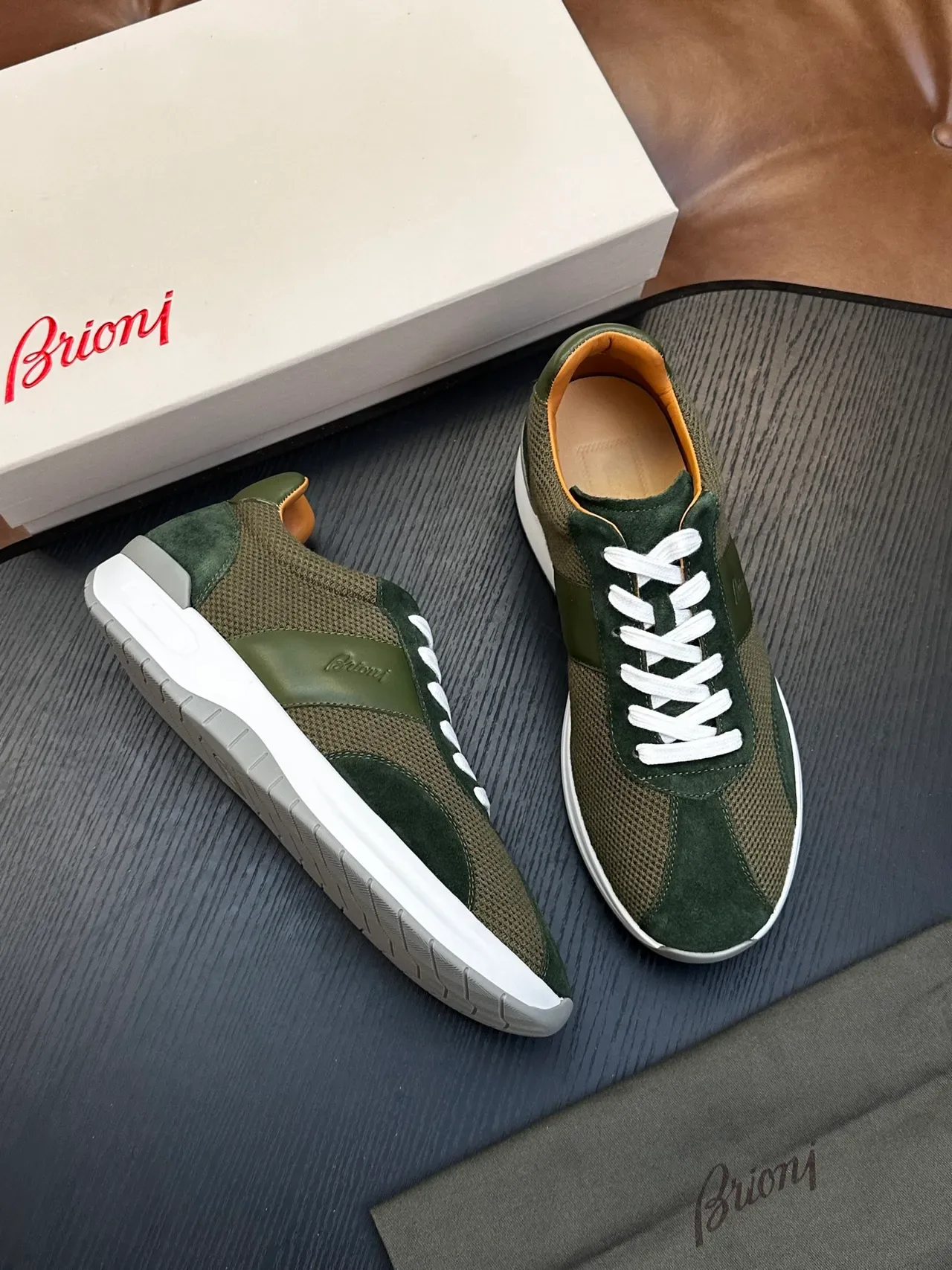 Brioni Olive Green Suede and Mesh Lifestyle Sneaker 4