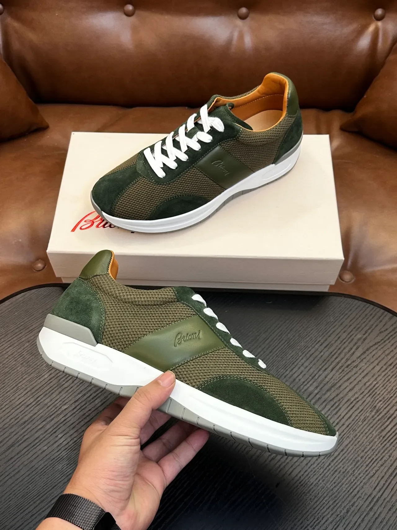 Brioni Olive Green Suede and Mesh Lifestyle Sneaker 5