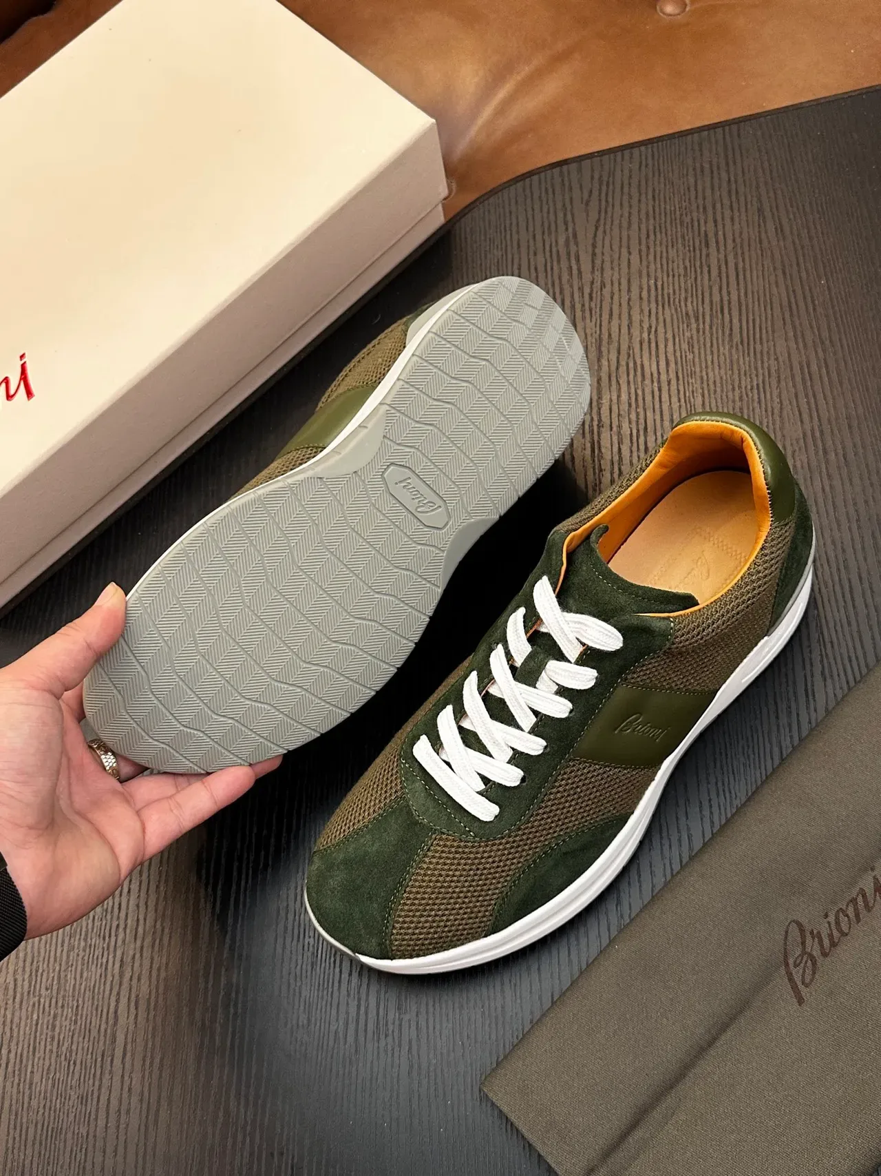 Brioni Olive Green Suede and Mesh Lifestyle Sneaker 9