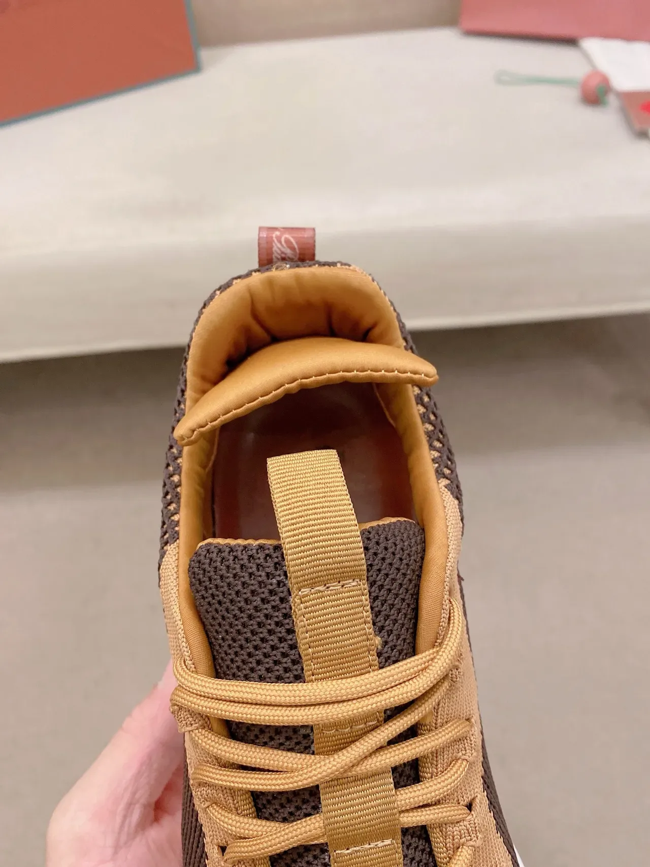 Brown Beige Knit Two-Tone Upper Chunky White Midsole Sneakers 4