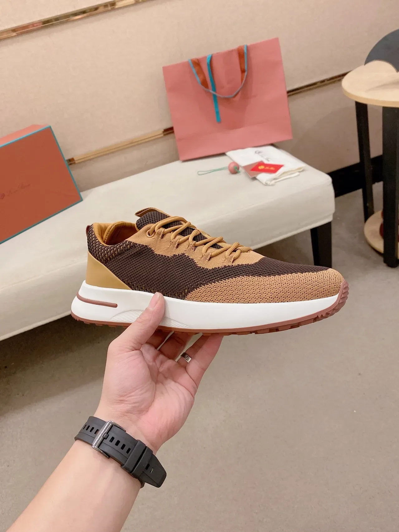 Brown Beige Knit Two-Tone Upper Chunky White Midsole Sneakers 5