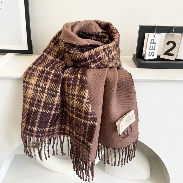 Brown Beige Plaid Pattern Woven Texture Cashmere Scarf 4