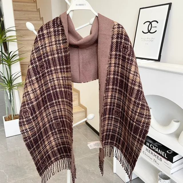 Brown Beige Plaid Pattern Woven Texture Cashmere Scarf 5
